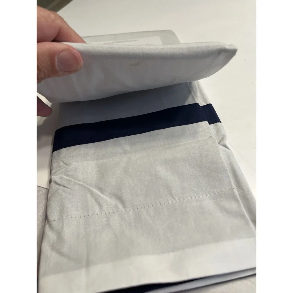 Pottery Barn Organic Standard Pillow Sham White w Navy Blue Ribbon Accent 20x26